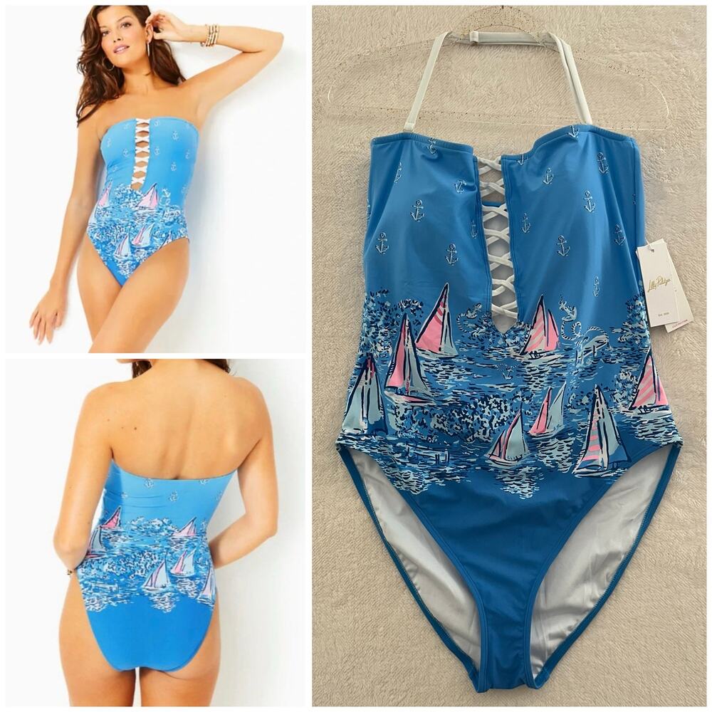 Lilly Pulitzer Novi One Piece Swimsuit Halter Strapless Nautical Size 16 NEW